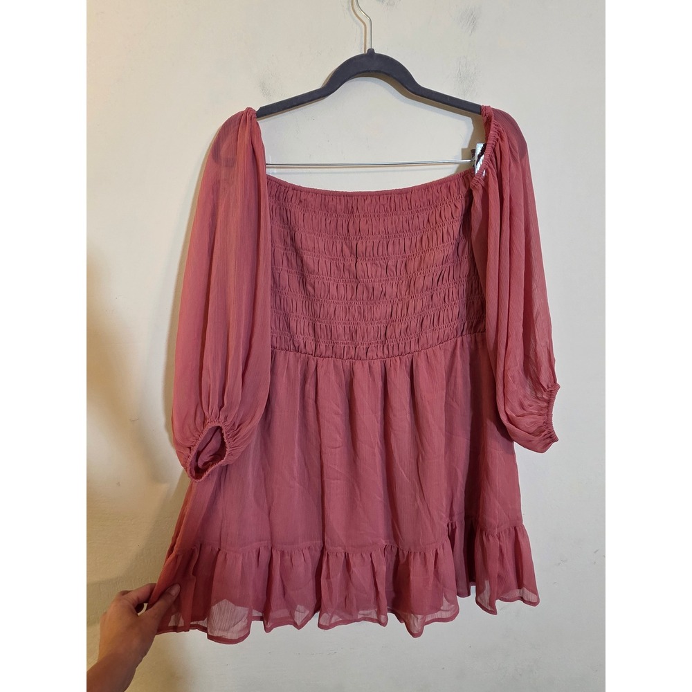 Express Womens XL Smocked Balloon Sleeve Ruffle Hem Mini Dress Dusty Rose Pink - Picture 3 of 8
